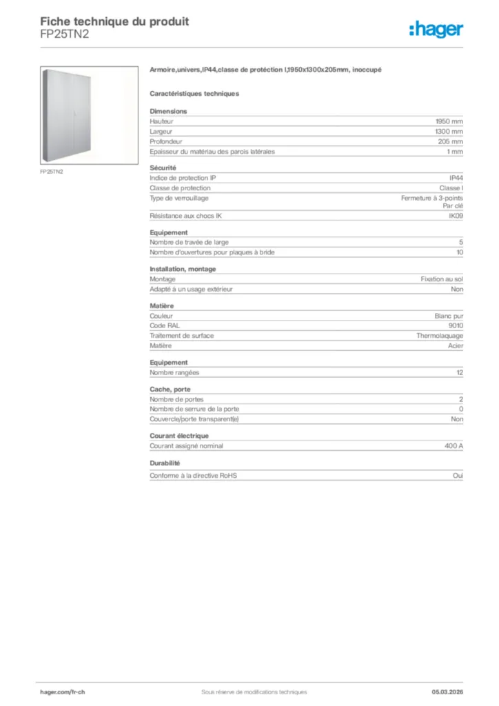 Image Hager Fiche technique du produit FP25TN2 | Hager Suisse