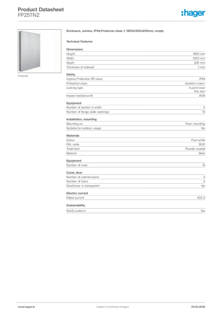 Image Hager Product data sheet FP25TN2  | Hager