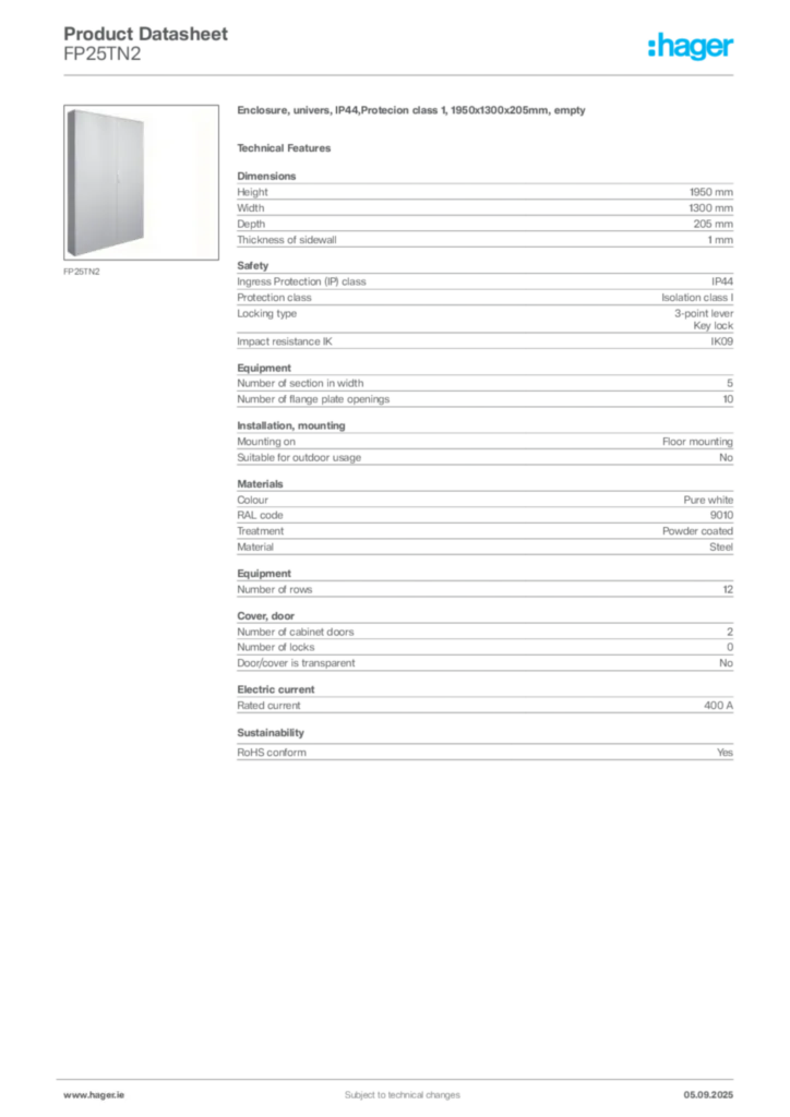 Image Hager Product data sheet FP25TN2  | Hager
