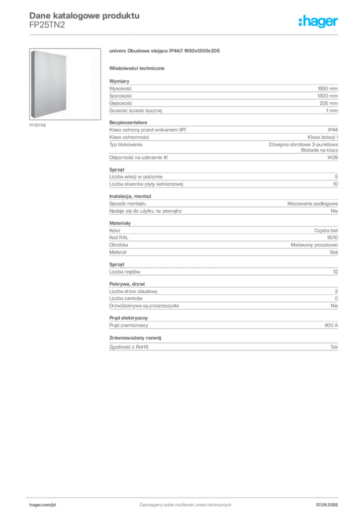 Zdjęcie Hager Dane katalogowe produktu FP25TN2 | Hager Polska