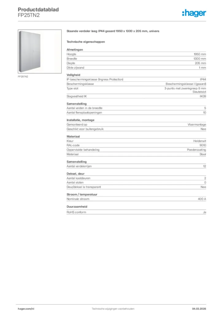 Afbeelding Hager Productdatablad FP25TN2 | Hager Nederland