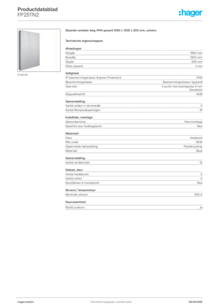 Afbeelding Hager Productdatablad FP25TN2 | Hager Nederland