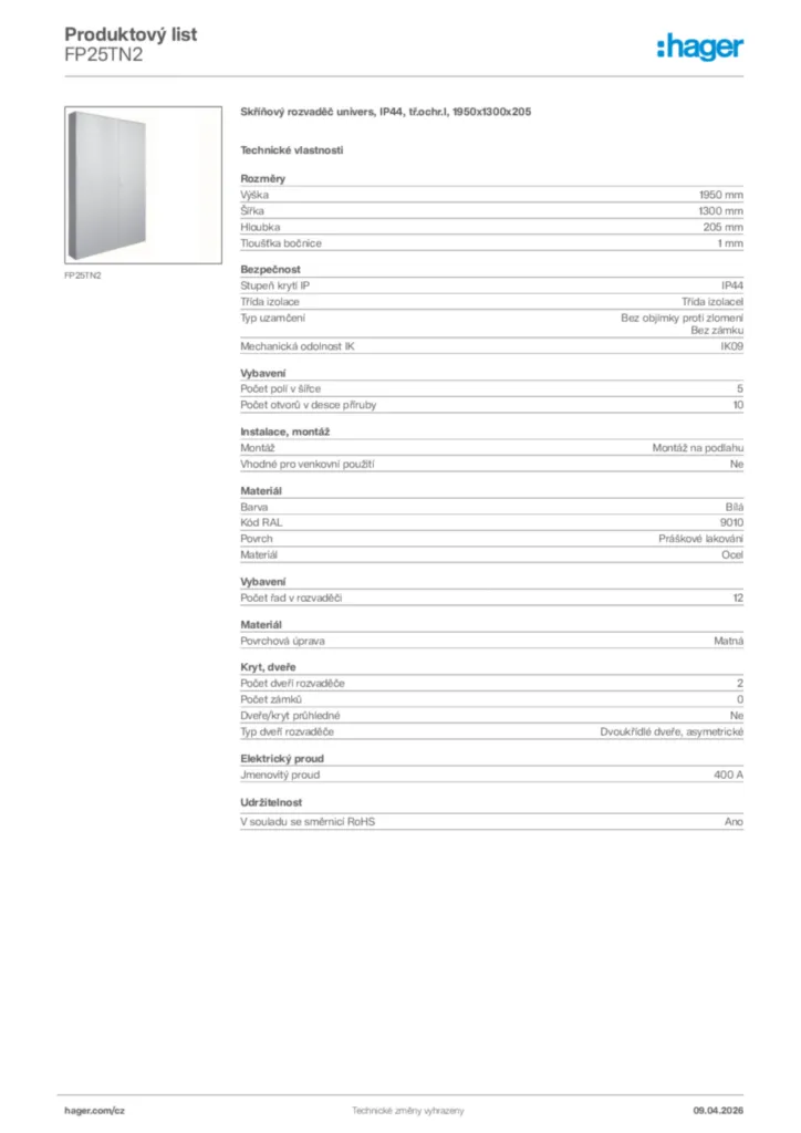 Obrázek Hager Product data sheet FP25TN2 | Hager