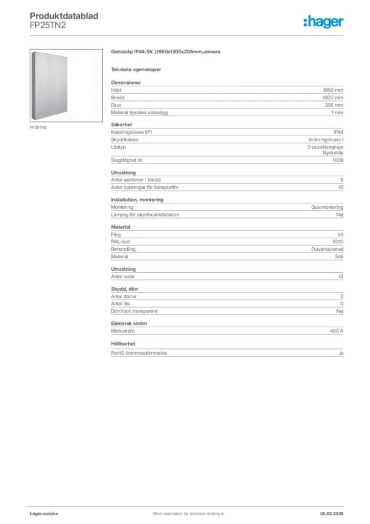Bild Hager Produktdatablad FP25TN2 | Hager Sverige