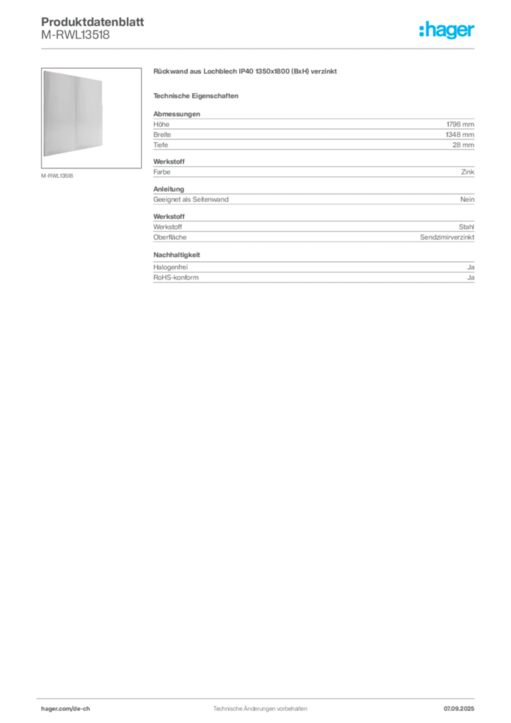 Bild Hager Produktdatenblatt M-RWL13518 | Hager Schweiz