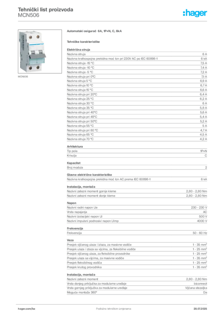 Slika Hager Product data sheet MCN506  | Hager