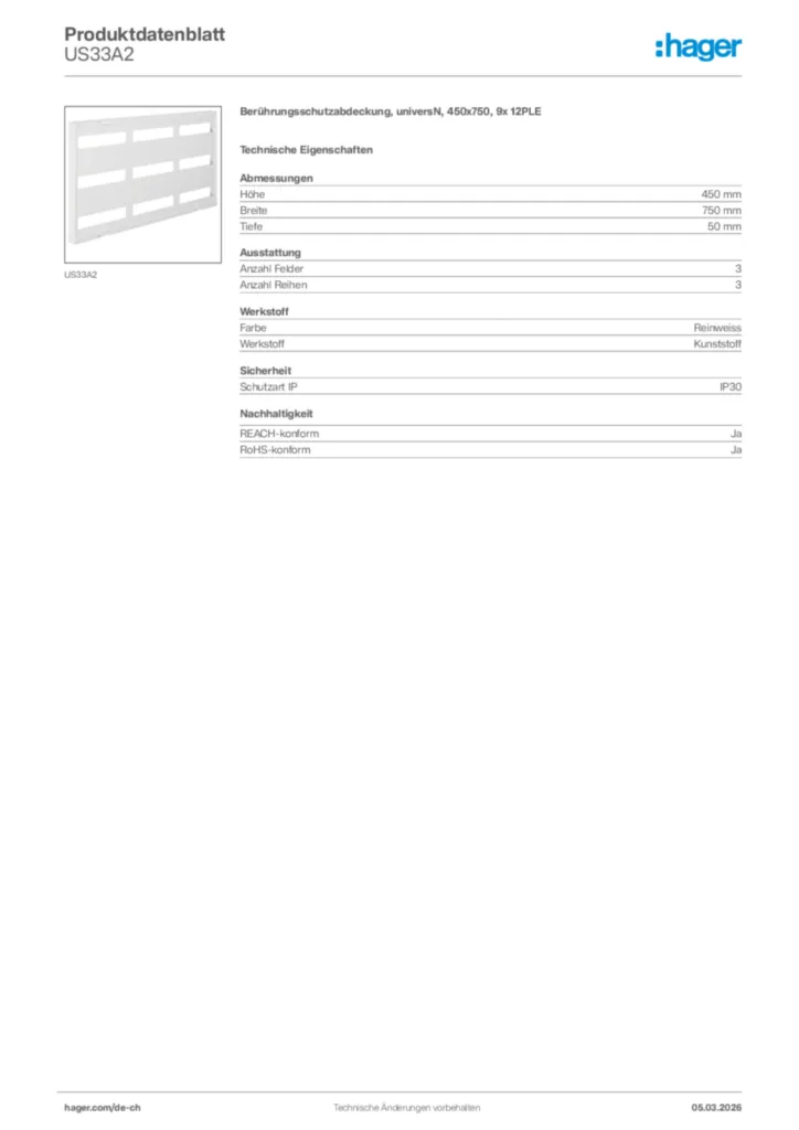 Bild Hager Produktdatenblatt US33A2 | Hager Schweiz