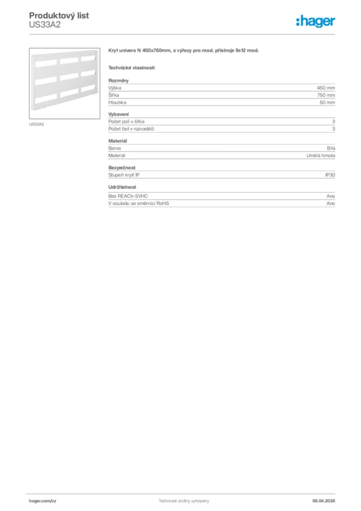 Obrázek Hager Product data sheet US33A2 | Hager