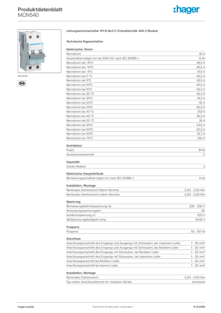 Bild Hager Produktdatenblatt MCN540 | Hager Deutschland