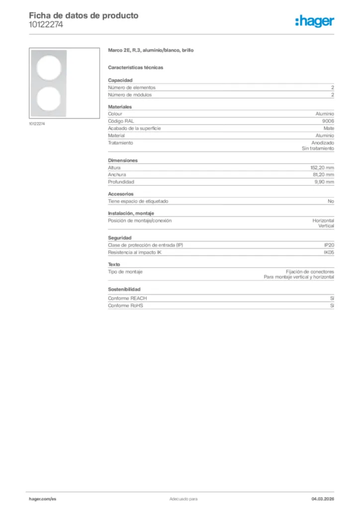 Imagen Hager Ficha de datos de producto 10122274 | Hager España