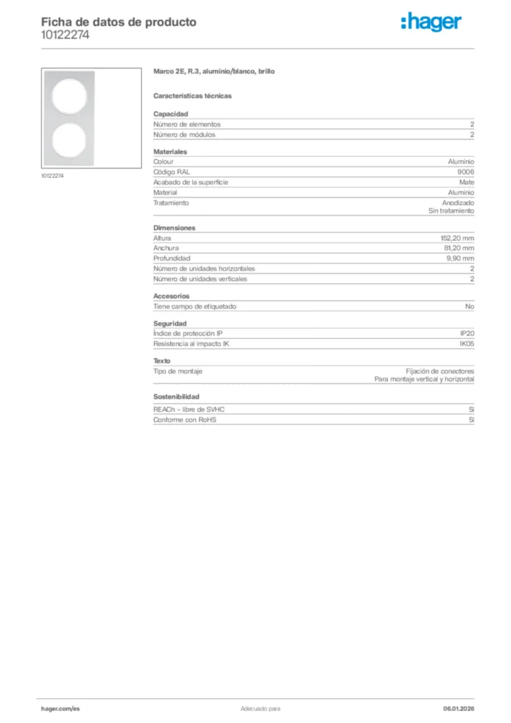 Imagen Hager Ficha de datos de producto 10122274 | Hager España