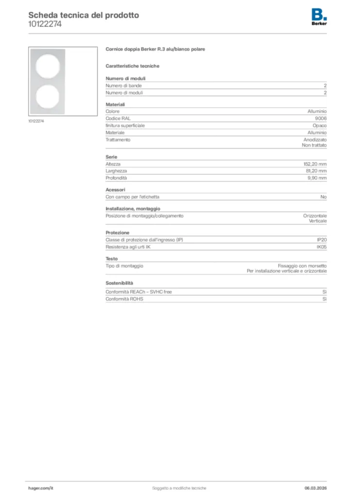 Immagine Berker Scheda tecnica del prodotto 10122274 | Hager Italia