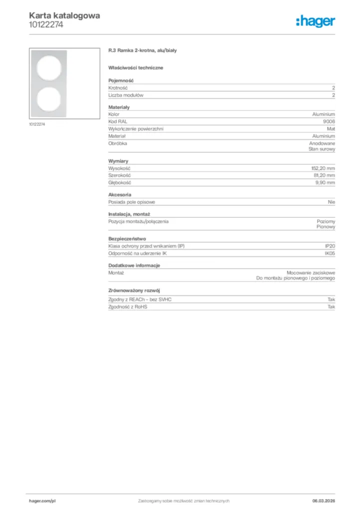 Zdjęcie Hager Karta katalogowa 10122274 | Hager Polska