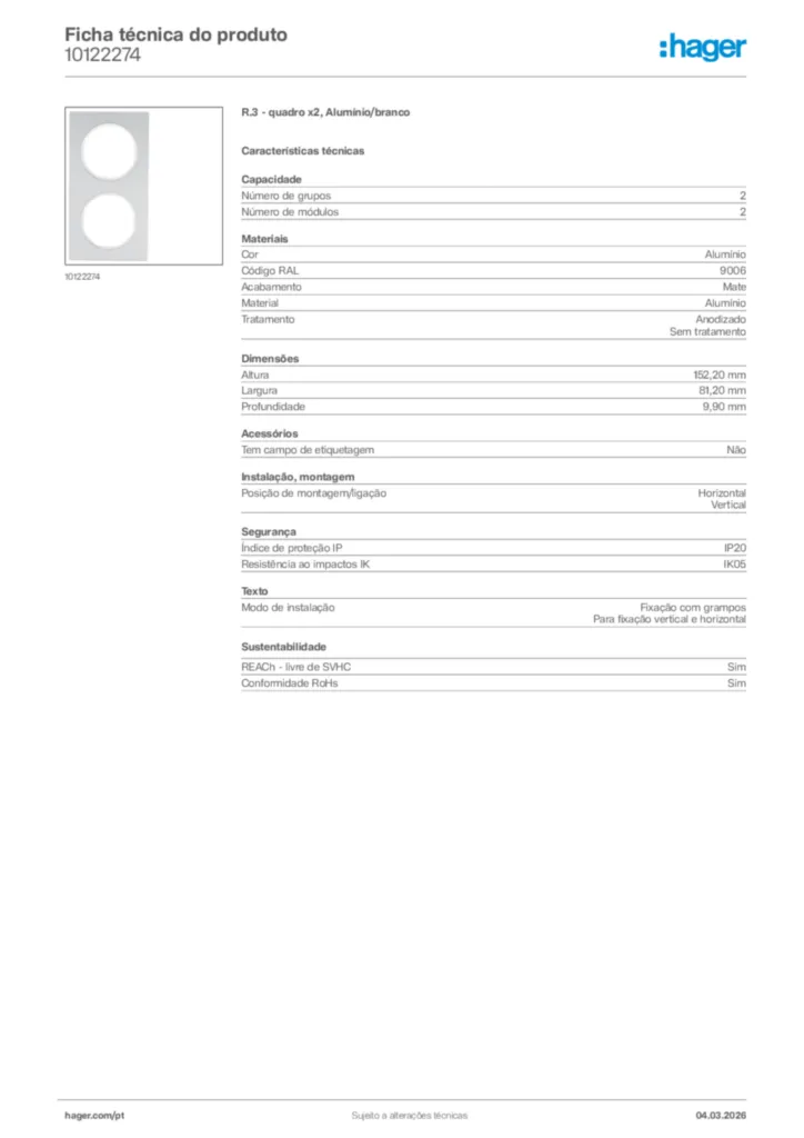 Imagem Hager Ficha técnica do produto 10122274 | Hager Portugal