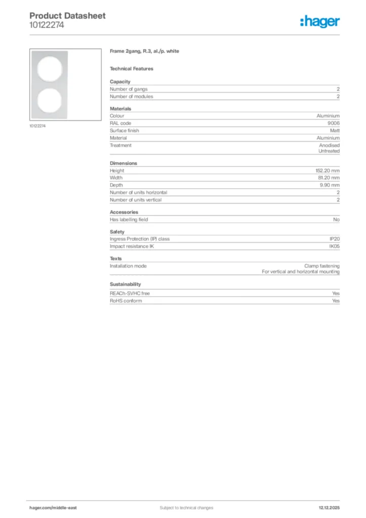 Image Hager Product data sheet 10122274  | Hager
