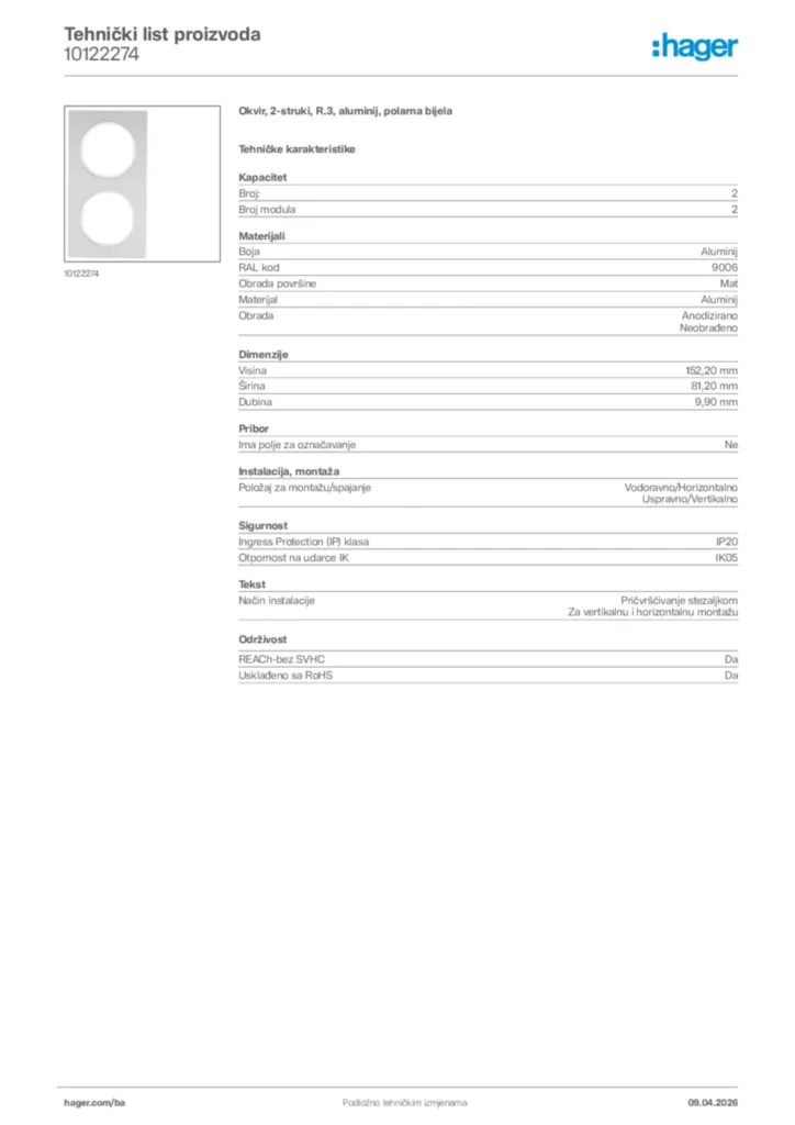 Slika Hager Tehnički list proizvoda 10122274  | Hager