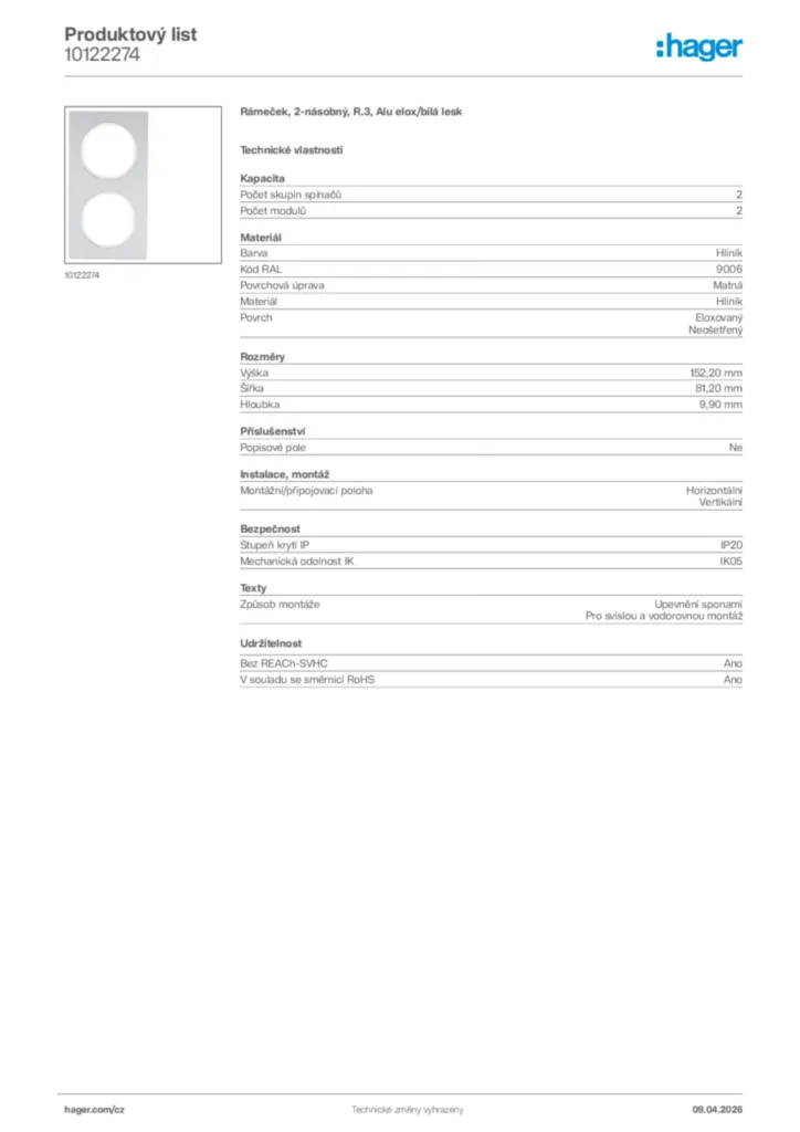 Obrázek Hager Product data sheet 10122274 | Hager