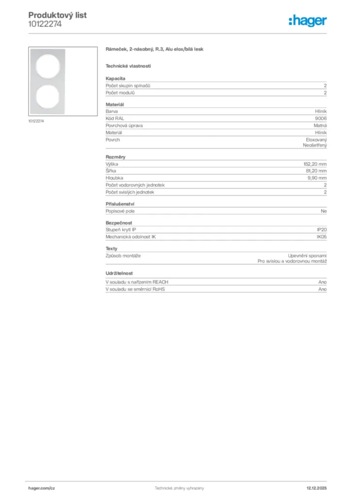 Obrázek Hager Produktový list 10122274 | Hager