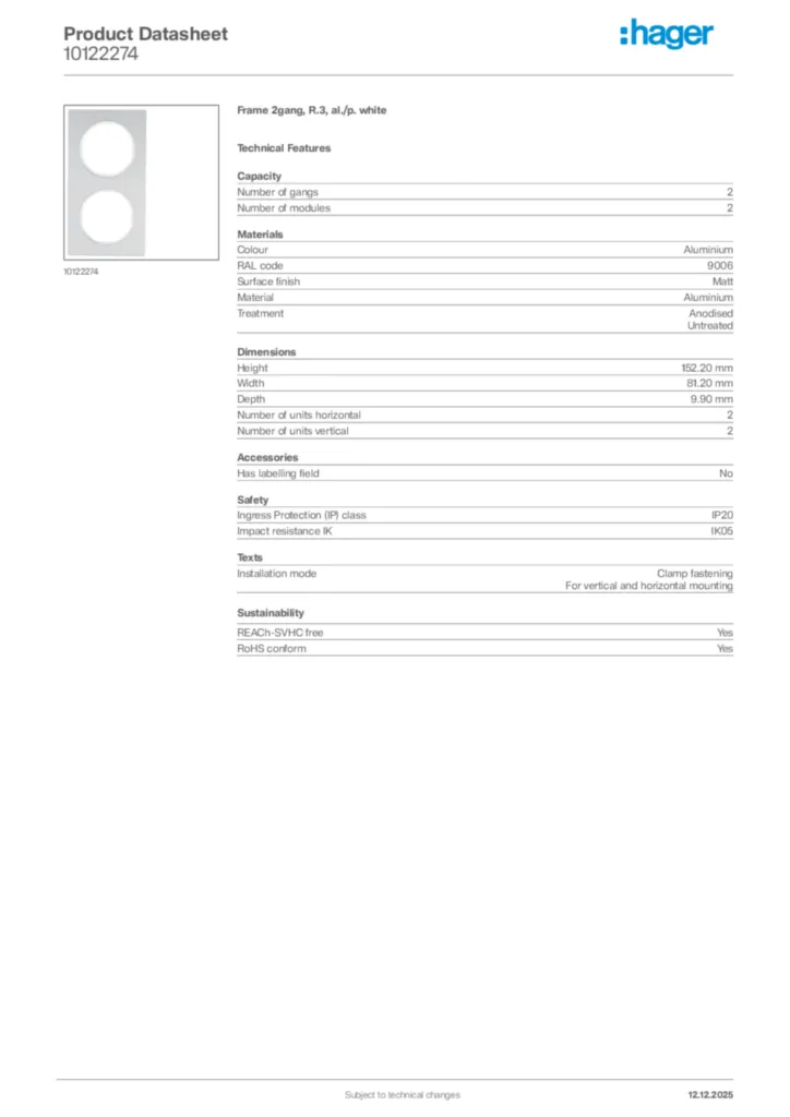 Image Hager Product data sheet 10122274  | Hager