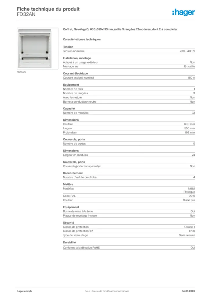 Image Hager Fiche technique du produit FD32AN | Hager France