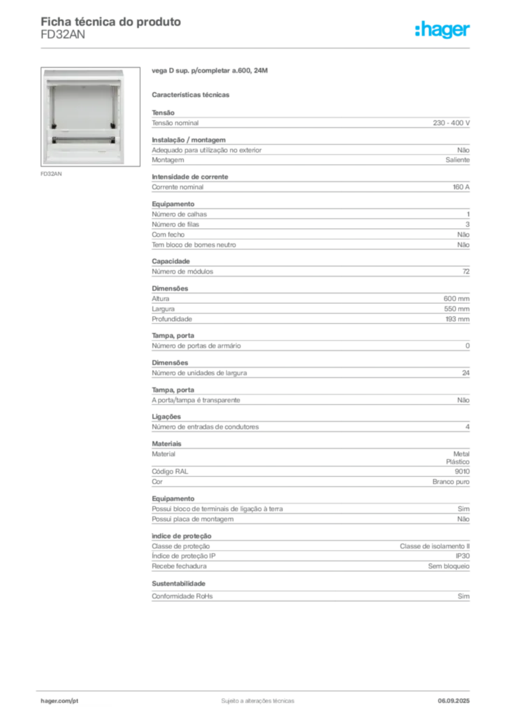 Imagem Hager Ficha técnica do produto FD32AN | Hager Portugal