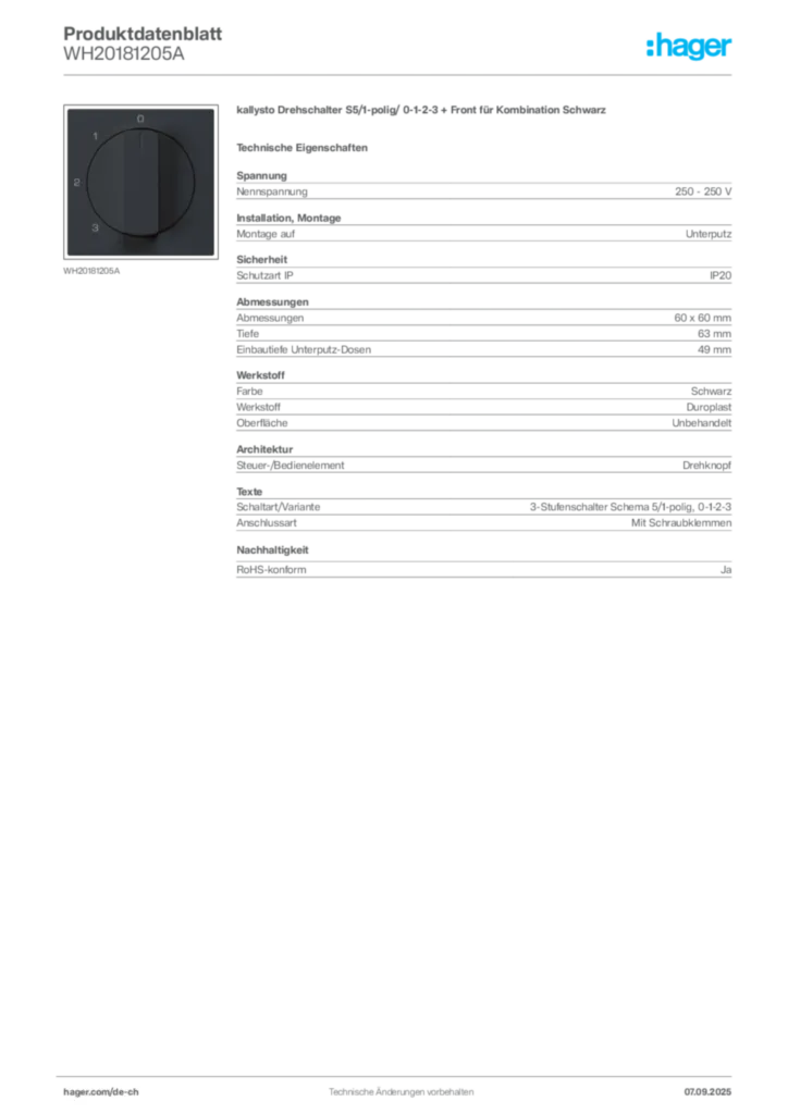 Bild Hager Produktdatenblatt WH20181205A | Hager Schweiz