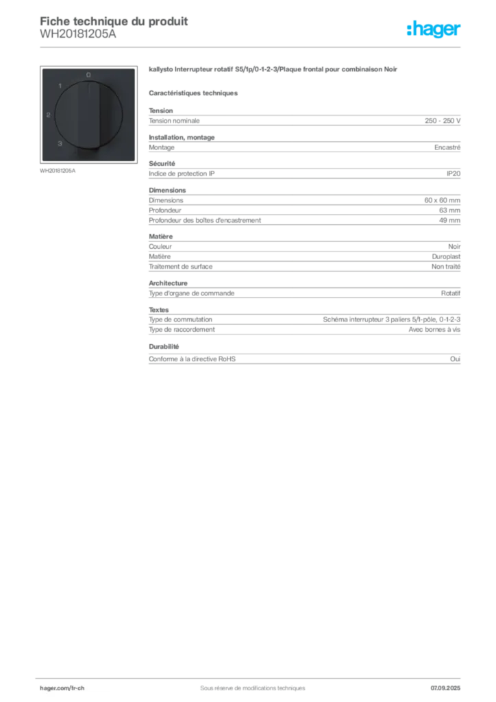 Image Hager Fiche technique du produit WH20181205A | Hager Suisse