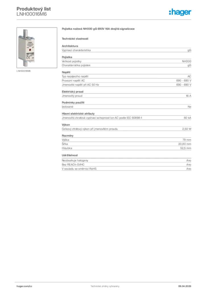 Obrázek Hager Product data sheet LNH00016M6 | Hager
