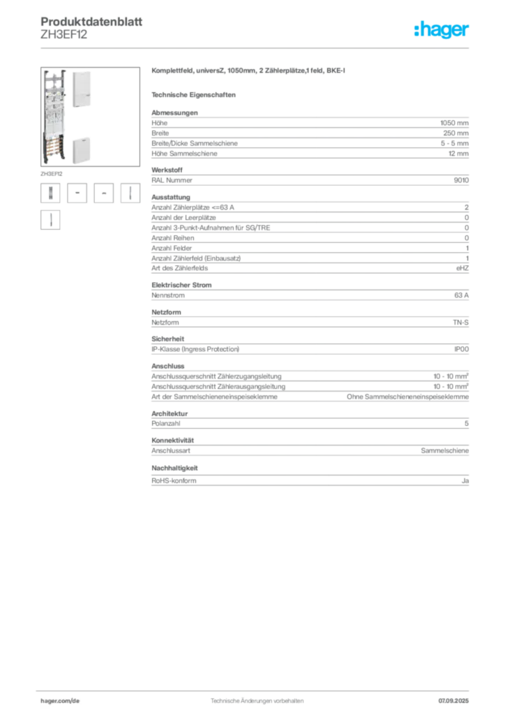 Bild Hager Produktdatenblatt ZH3EF12 | Hager Deutschland