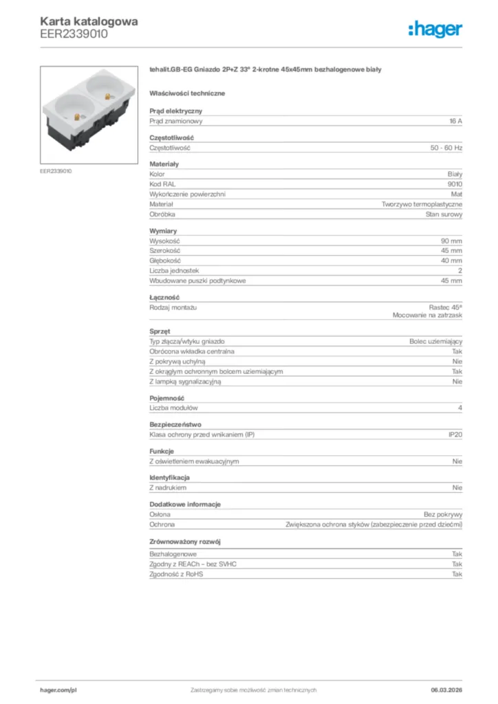 Zdjęcie Hager Karta katalogowa EER2339010 | Hager Polska