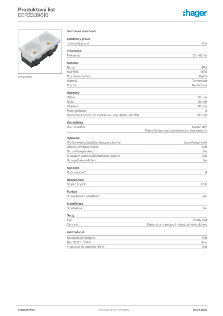 Obrázek Hager Product data sheet EER2339010 | Hager