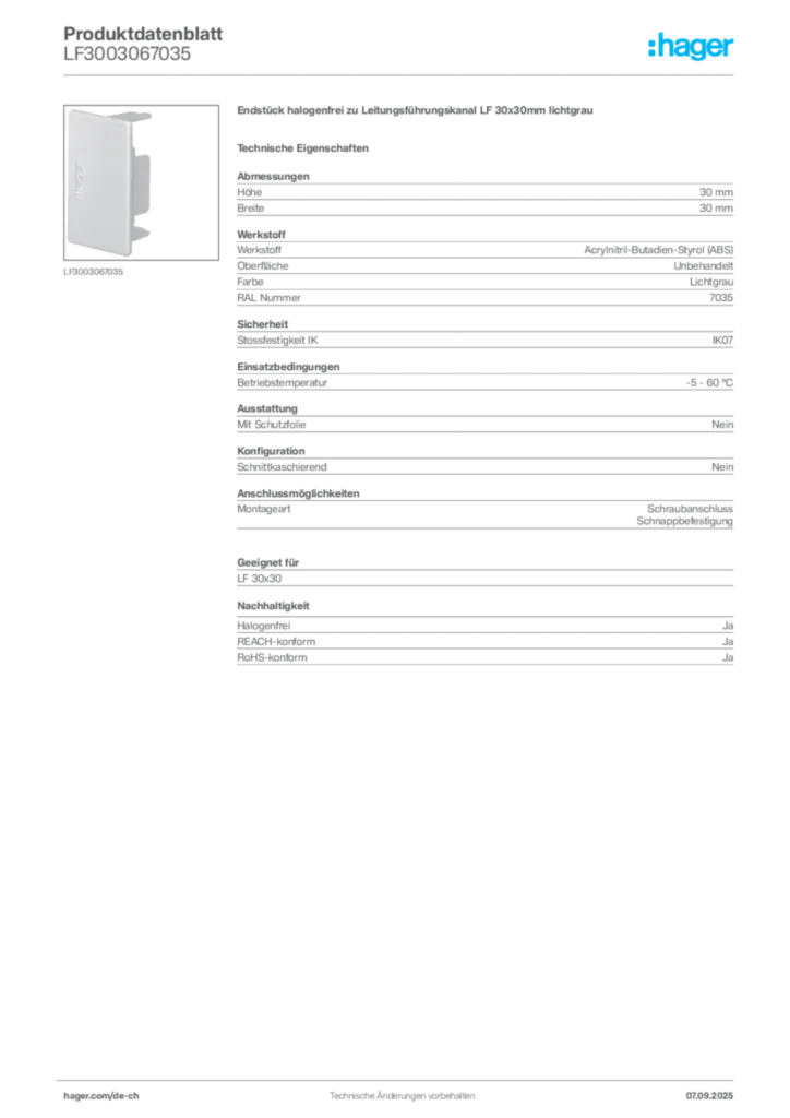 Bild Hager Produktdatenblatt LF3003067035 | Hager Schweiz