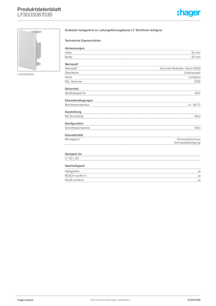 Bild Hager Produktdatenblatt LF3003067035 | Hager Deutschland