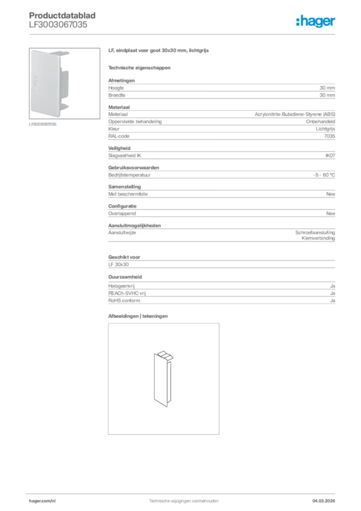 Afbeelding Hager Productdatablad LF3003067035 | Hager Nederland