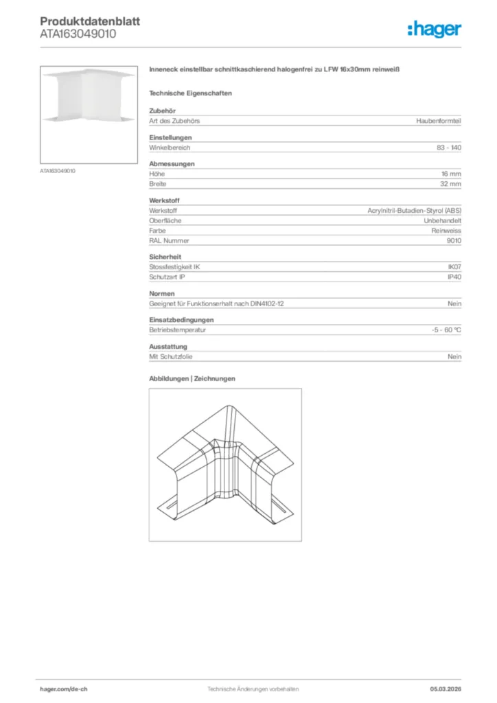 Bild Hager Produktdatenblatt ATA163049010 | Hager Schweiz