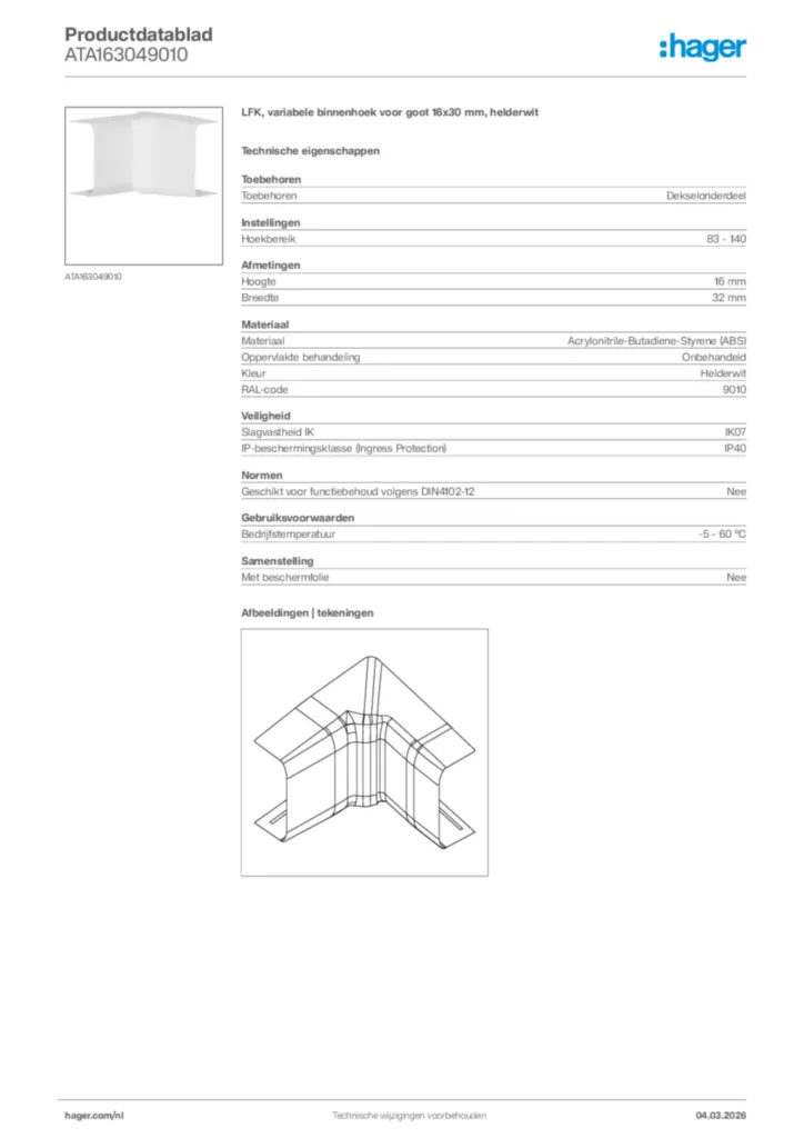 Afbeelding Hager Productdatablad ATA163049010 | Hager Nederland