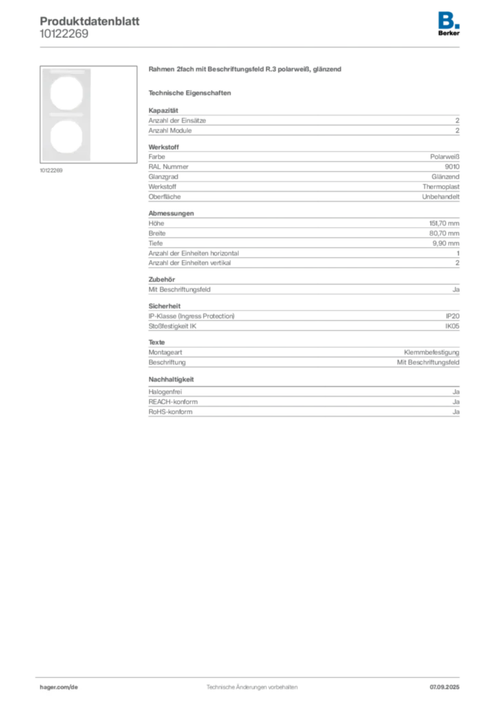Bild Berker Produktdatenblatt 10122269 | Hager Deutschland