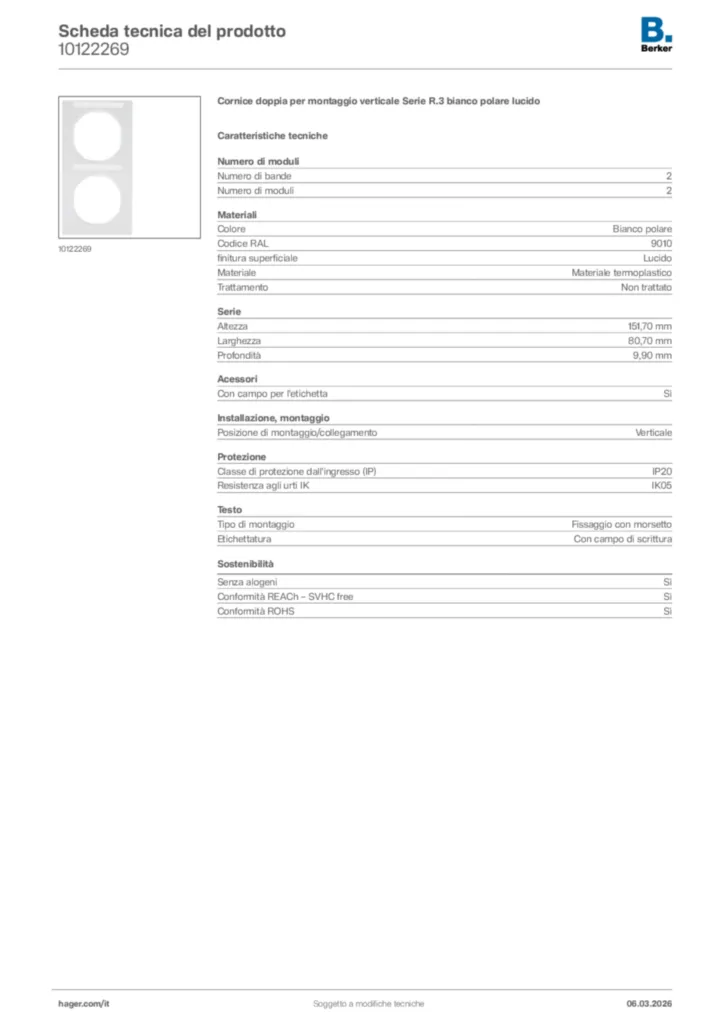 Immagine Berker Scheda tecnica del prodotto 10122269 | Hager Italia