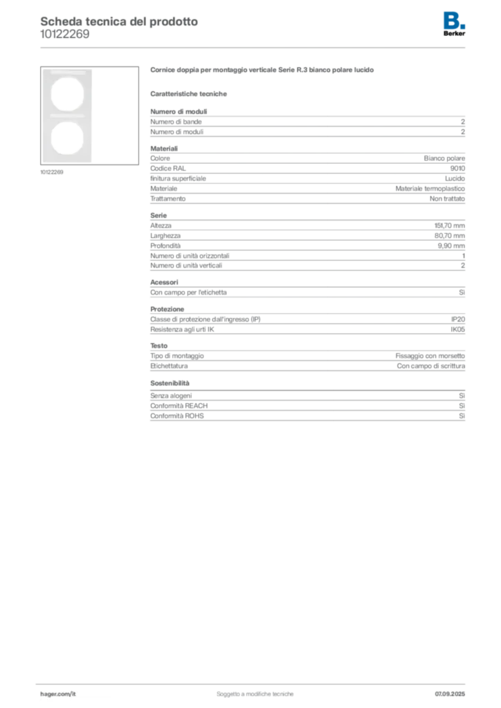 Immagine Berker Scheda tecnica del prodotto 10122269 | Hager Italia
