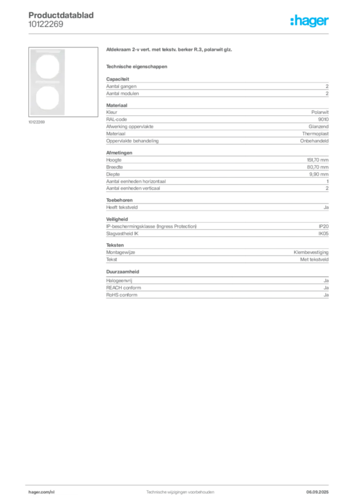 Afbeelding Hager Productdatablad 10122269 | Hager Nederland