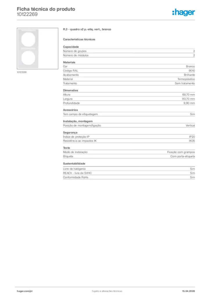 Imagem Hager Ficha técnica do produto 10122269 | Hager Portugal
