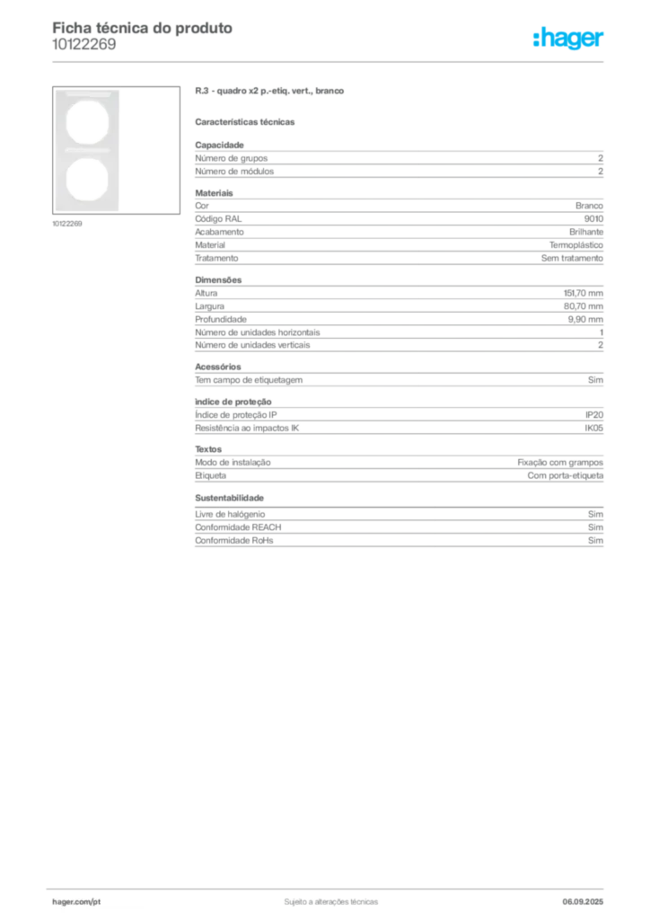 Imagem Hager Ficha técnica do produto 10122269 | Hager Portugal