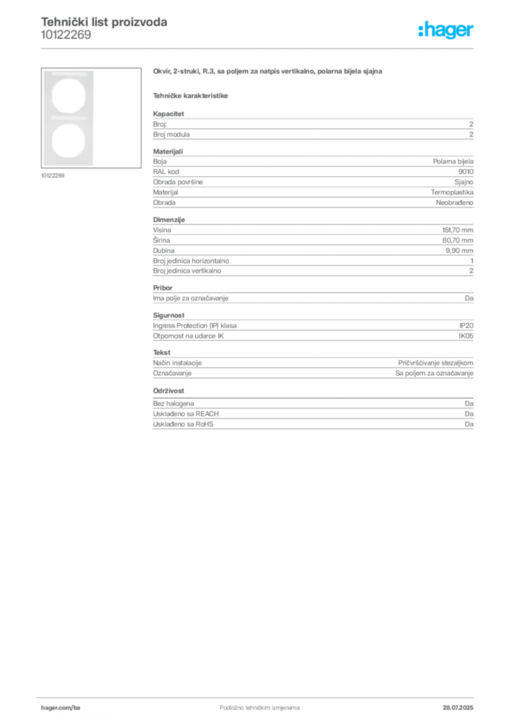 Slika Hager Product data sheet 10122269  | Hager