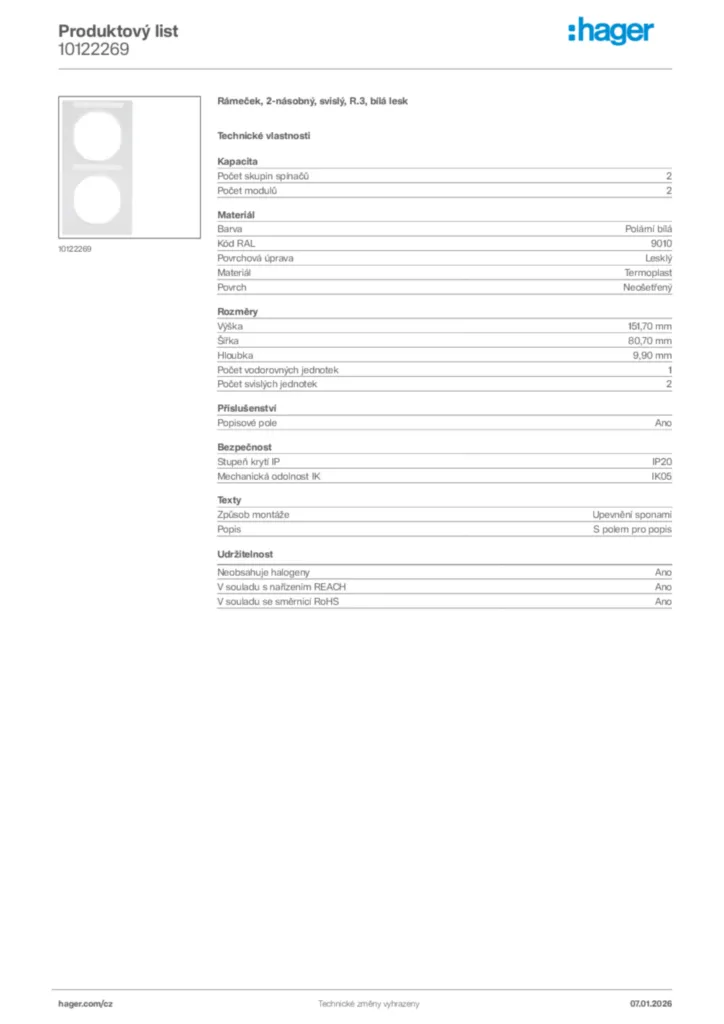 Obrázek Hager Product data sheet 10122269 | Hager