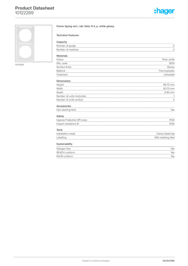 Image Hager Product data sheet 10122269  | Hager