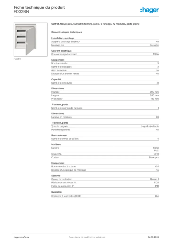 Image Hager Fiche technique du produit FD32BN | Hager Belgique