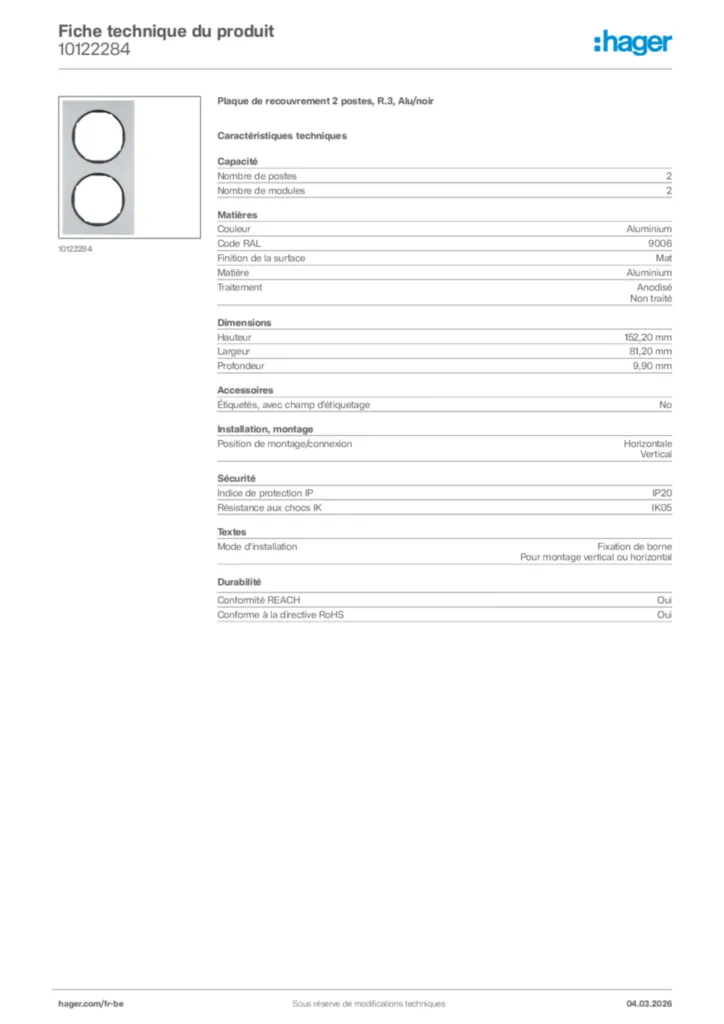 Image Hager Fiche technique du produit 10122284 | Hager Belgique