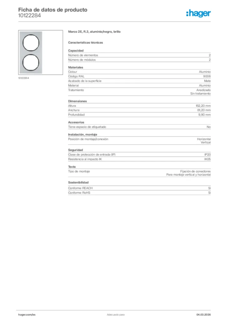 Imagen Hager Ficha de datos de producto 10122284 | Hager España