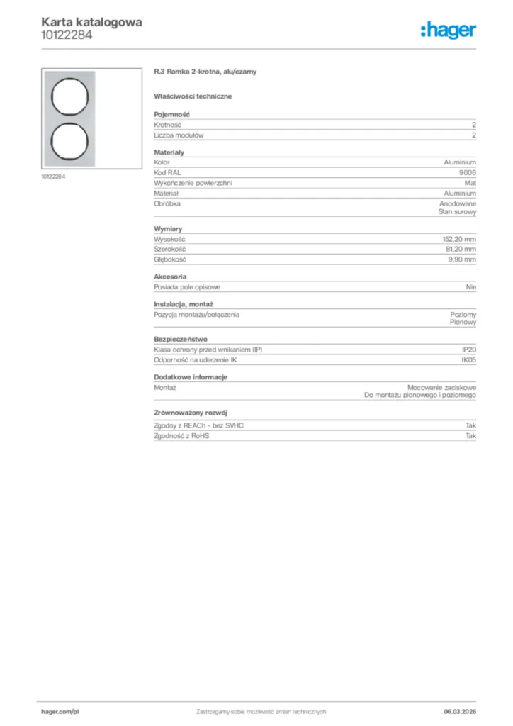 Zdjęcie Hager Karta katalogowa 10122284 | Hager Polska