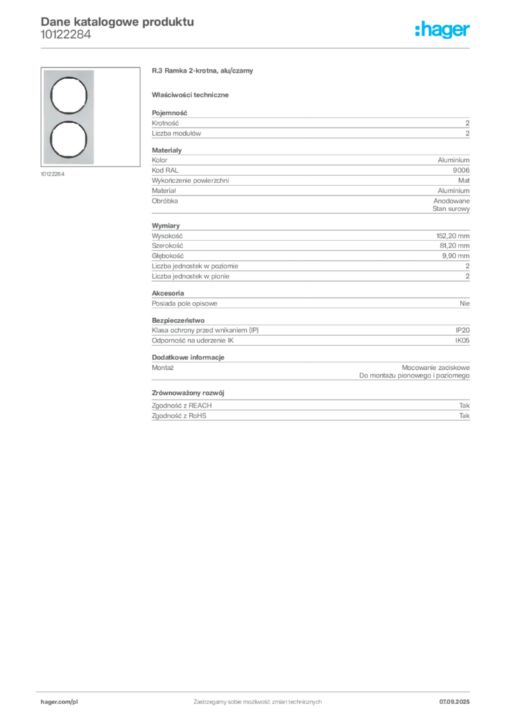 Zdjęcie Hager Dane katalogowe produktu 10122284 | Hager Polska